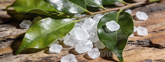 Branch of the camphor tree with white crystals