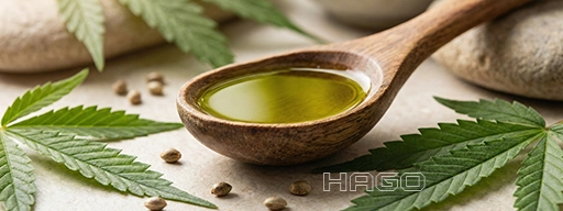 Golden-green hemp seed oil with fresh leaves