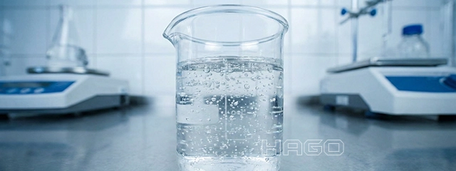 Clear cosmetic gel in laboratory glass, showing the texture of Carbomer