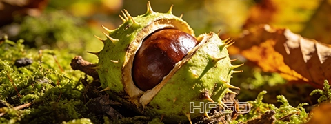 Horse chestnut with spiky green shell and brown nut