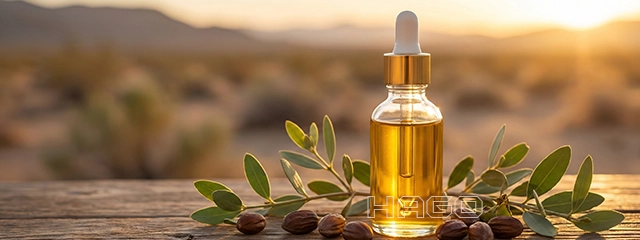 Golden Jojoba oil with seeds and green leaves