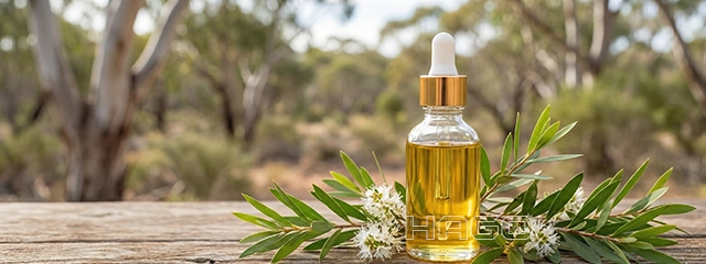 Tea tree leaves and oil bottle in natural setting