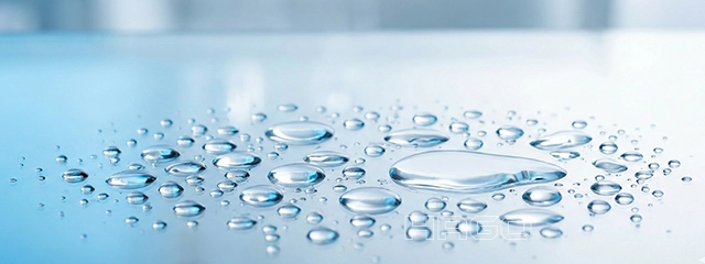 Clear droplets of Propylene Glycol on a clean surface