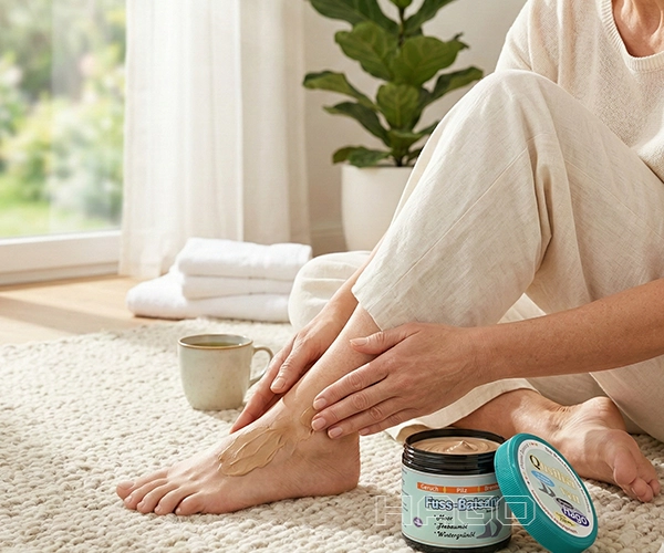 Pflegender Fußbalsam Textur auf der Haut