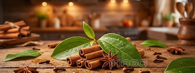 Cinnamon sticks and leaves with warm oil