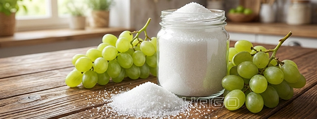 Pure glucose crystals and fresh grapes