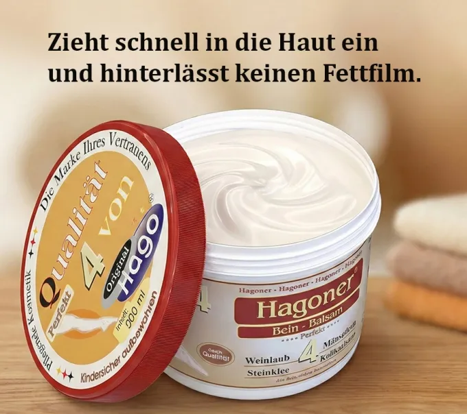 Detailaufnahme des geöffneten Tiegels. Zeigt die beige, gelartige Textur des Hagoner Bein-Balsam von Hago.