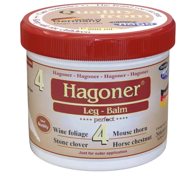 Ganzansicht des Hagoner Bein-Balsam in der Export-Version mit englischsprachiger Beschriftung (Hagoner Bein-Balsam).