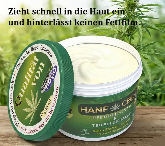 Detailaufnahme des geöffneten Tiegels. Zeigt die beige, gelartige Textur des Hago Hanf & Cannabis mit Pferdebalsam und Teufelskralle von Hago.