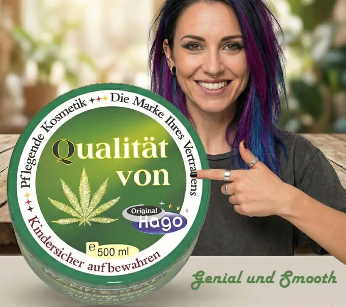 Draufsicht auf den Hago Moor-Hippo comlete hot. Gut erkennbares Deckeletikett mit Produktbezeichnung und Markenlogo.