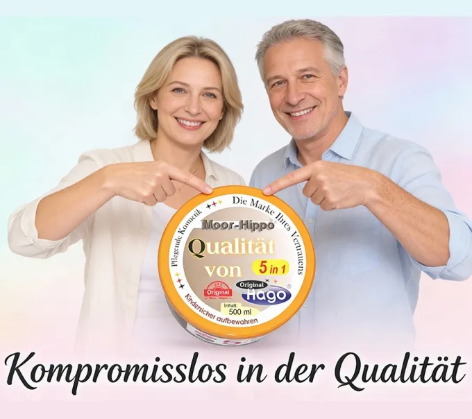 Draufsicht auf den Hago Moor-Hippo 5. Gut erkennbares Deckeletikett mit Produktbezeichnung und Markenlogo.