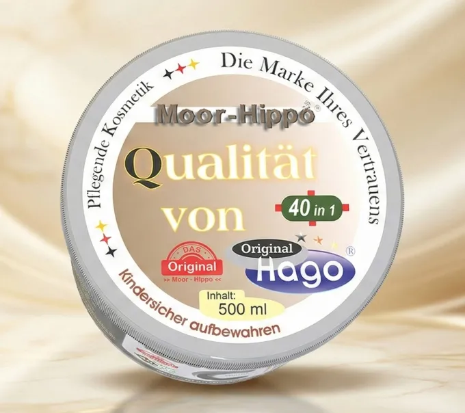 Draufsicht auf den Hago Moor-Hippo comlete. Gut erkennbares Deckeletikett mit Produktbezeichnung und Markenlogo.