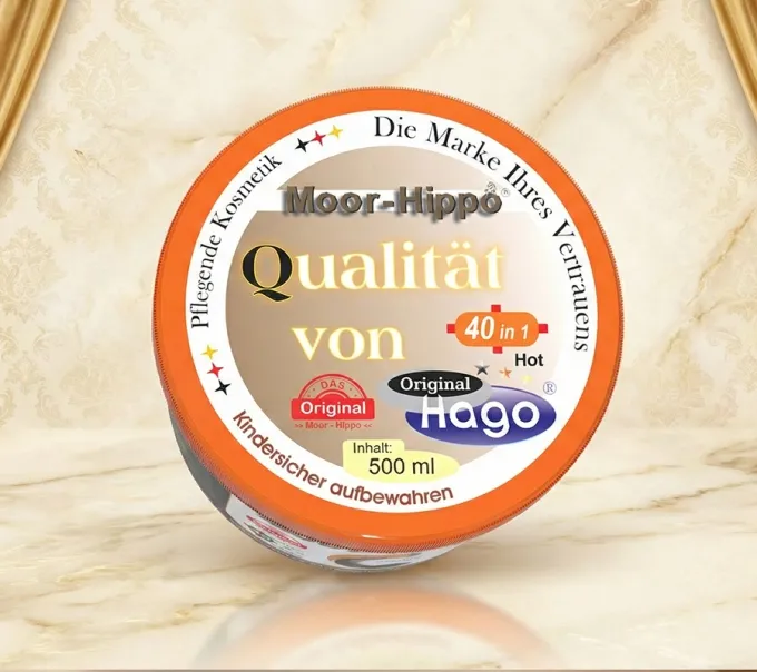 Draufsicht auf den Hago Moor-Hippo comlete hot. Gut erkennbares Deckeletikett mit Produktbezeichnung und Markenlogo.