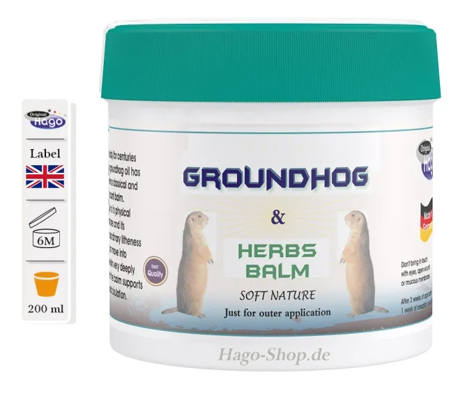 Beschreibung: Ganzansicht des Hago Murmeltier & Kräuter Balsam in der Export-Version mit englischsprachiger Beschriftung (Murmeltier & Kräuter Balsam).