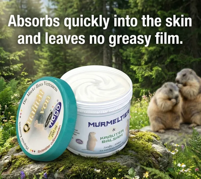 Detailaufnahme des geöffneten Tiegels. Zeigt die beige, gelartige Textur des Hago Murmeltier & Kräuter Balsam von Hago. / Englisch