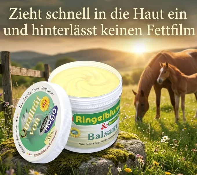 Detailaufnahme des geöffneten Tiegels. Zeigt die beige, gelartige Textur des Ringelblumen-Balsam mit Stutenmilch von Hago.