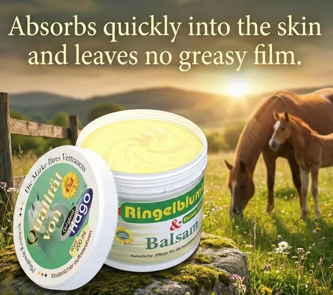 Detailaufnahme des geöffneten Tiegels. Zeigt die beige, gelartige Textur des Hagoner Bein-Balsam von Hago. / Englisch