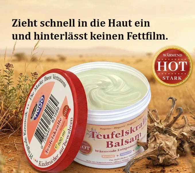 Detailaufnahme des geöffneten Tiegels. Zeigt die beige, gelartige Textur des Hago Teufelskralle Balsam Hot von Hago.