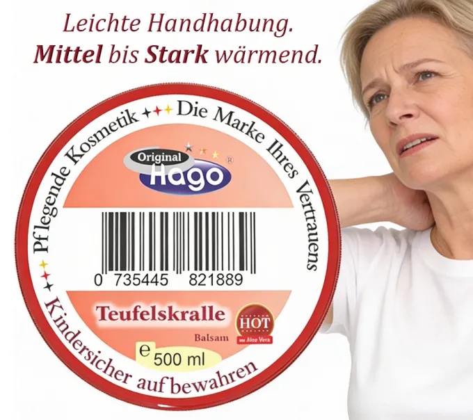 Draufsicht auf den Hago Teufelskralle-Balsam-Premium. Gut erkennbares Deckeletikett mit Produktbezeichnung und Markenlogo.