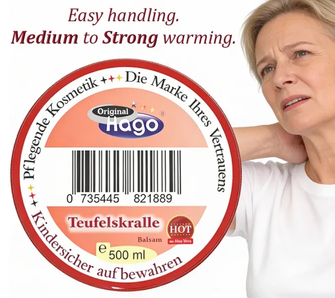 Draufsicht auf den Hago Teufelskralle-Balsam-Premium. Gut erkennbares Deckeletikett mit Produktbezeichnung und Markenlogo. / Englisch