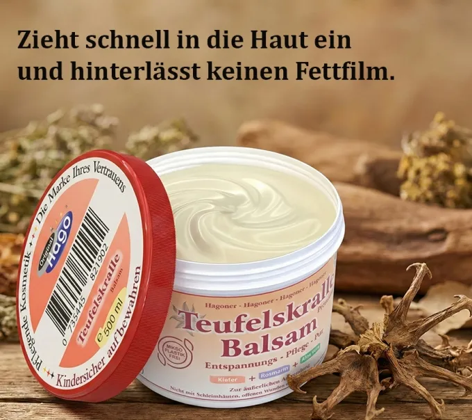 Detailaufnahme des geöffneten Tiegels. Zeigt die beige, gelartige Textur des Hago Teufelskralle-Balsam-Premium von Hago.