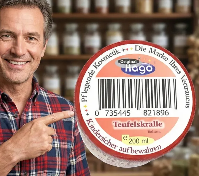 Draufsicht auf den Hago Teufelskralle-Balsam-Premium. Gut erkennbares Deckeletikett mit Produktbezeichnung und Markenlogo.