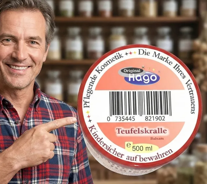 Draufsicht auf den Hago Teufelskralle-Balsam-Premium. Gut erkennbares Deckeletikett mit Produktbezeichnung und Markenlogo.