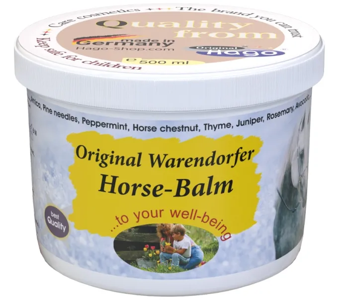 Ganzansicht des Hago Pferdebalsams in der Export-Version mit englischsprachiger Beschriftung (Horse Balsam).