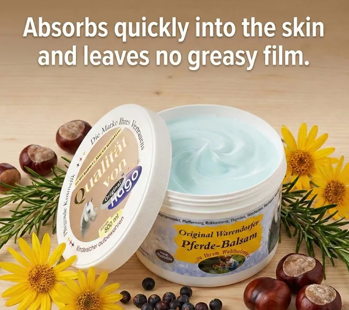 Detailaufnahme des geöffneten Tiegels. Zeigt die leicht bläuliche, gelartige Textur des kühlenden Pferdebalsams von Hago. / Englisch