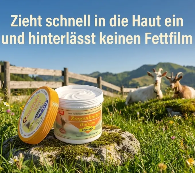 Detailaufnahme des geöffneten Tiegels. Zeigt die beige, gelartige Textur des Ziegenbutter Balsam mit Olivenöl von Hago.