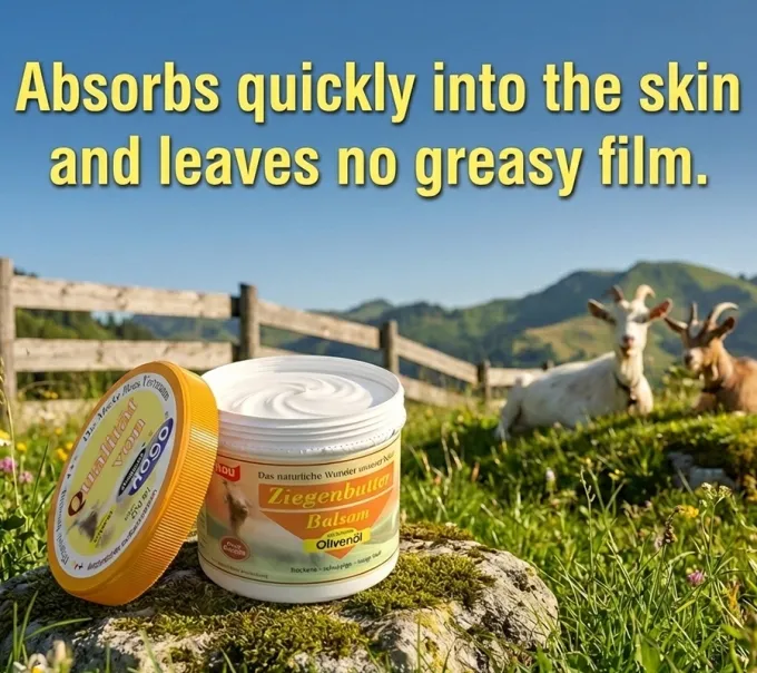 Detailaufnahme des geöffneten Tiegels. Zeigt die beige, gelartige Textur des Ziegenbutter Balsam mit Olivenöl von Hago. / Englisch